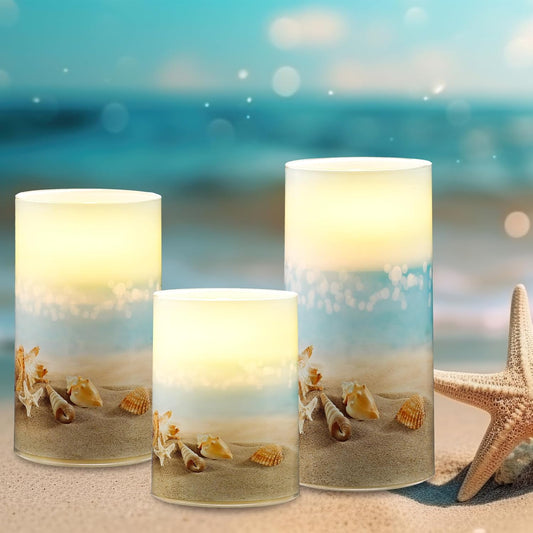 Tujoe 3 Pcs Summer Ocean Flameless Candles Teal Beach LED Battery Pillar Candles Set Battery Operated Coastal Nautical Decorations Flickering Gifts with Remote Decorations for Holiday