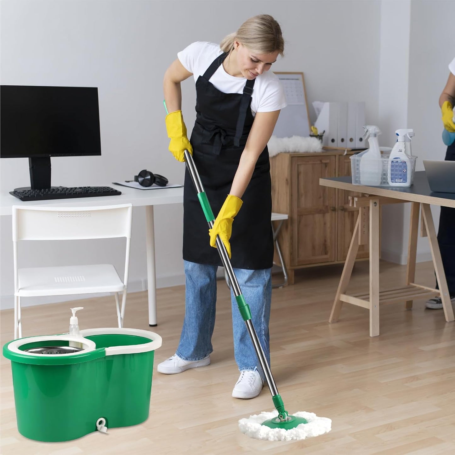 Spin Mop and Bucket with Wringer Set, 360° Spinning Mop Bucket System with 3 Microfiber Mop Replacement Heads and 50" Stainless Steel Adjustable Handle for Floor Cleaning
