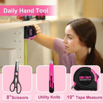 THINKWORK Pink Tool Set - 207 Piece Lady's Portable Home Repairing Tool Kit with 13'' Wide Mouth Open Storage Tool Bag, Perfect for DIY, Home Maintenance - Christmas Gift for Women, LHTS-034