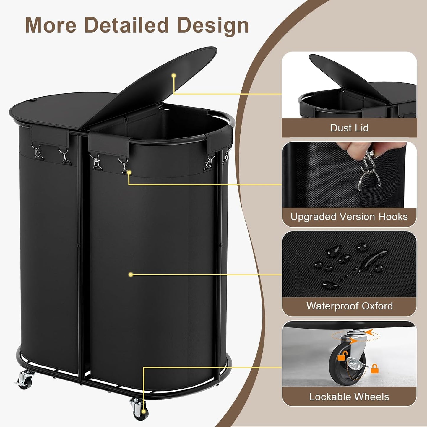 200L Double Laundry Hamper with Lid and Wheels, Large Oval Rolling Laundry Basket 2 section, Sturdy Metal Laundry Cart with 2 Removable Bags, Dirty Clothes Organizer for Home, Dorm, Black