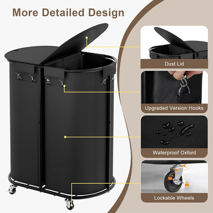 200L Double Laundry Hamper with Lid and Wheels, Large Oval Rolling Laundry Basket 2 section, Sturdy Metal Laundry Cart with 2 Removable Bags, Dirty Clothes Organizer for Home, Dorm, Black