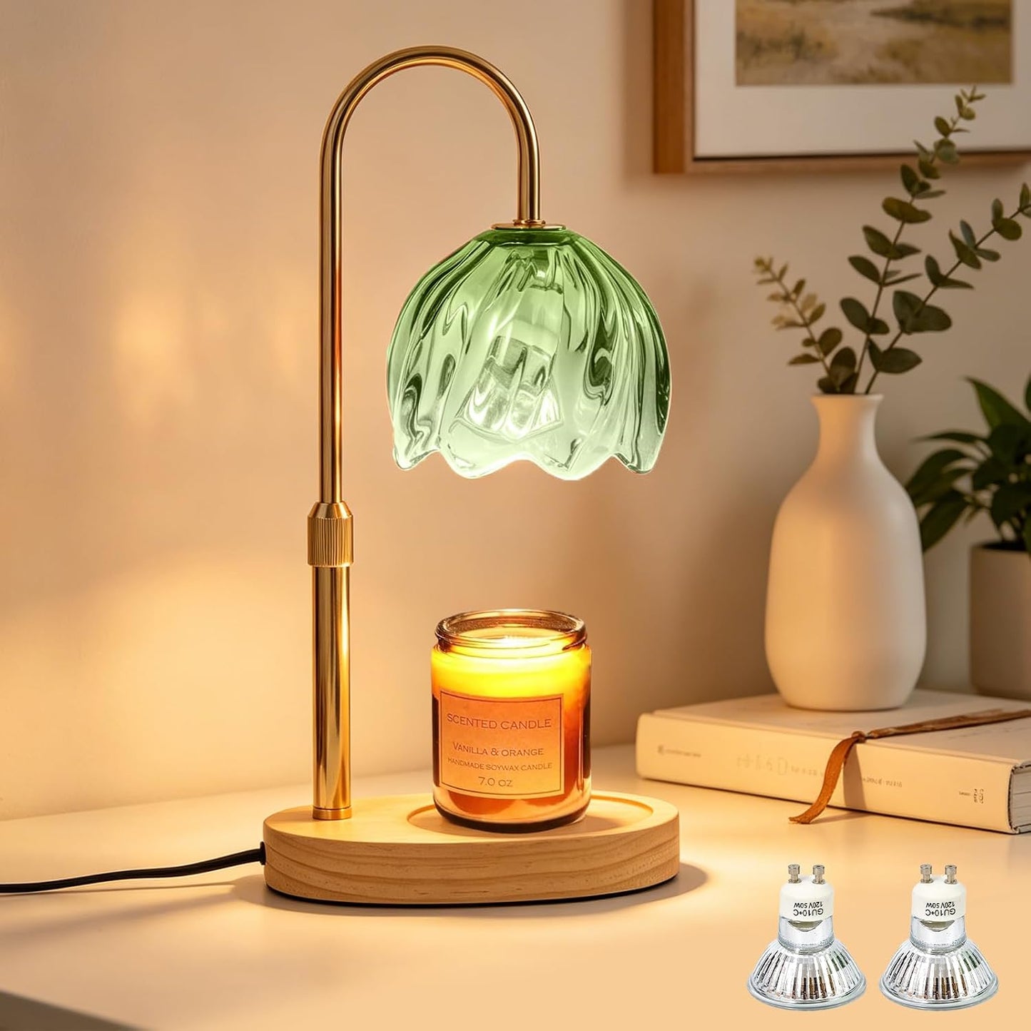 Flower Candle Warmer Lamp with Timer, Dimmable Adjustable Height Wax Melts Warmer for Jar Candles, Birthday Gifts for Women Mom, House Warming Gifts New Home, Bedroom Living Room Decor (Green)