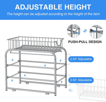 Pull-out Cabinet Organizer, Stackable 2-tier Under Sink Rack, with Sliding Storage Drawer for Pantry, and Desktop, for Bathroom, Kitchen, Office, Black