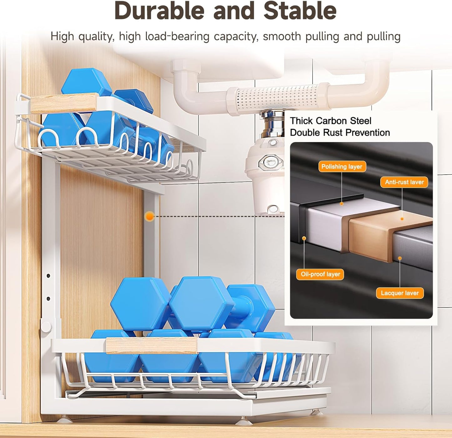 Sevenblue 2-Pack 2-Tier Height Adjustable Under Sink Organizer & Storage | Multi-purpose storage for kitchen & bathroom cabinet. Large black shelf, height adjustable design for space-saving.