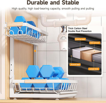 Sevenblue 2-Pack 2-Tier Height Adjustable Under Sink Organizer & Storage | Multi-purpose storage for kitchen & bathroom cabinet. Large black shelf, height adjustable design for space-saving.