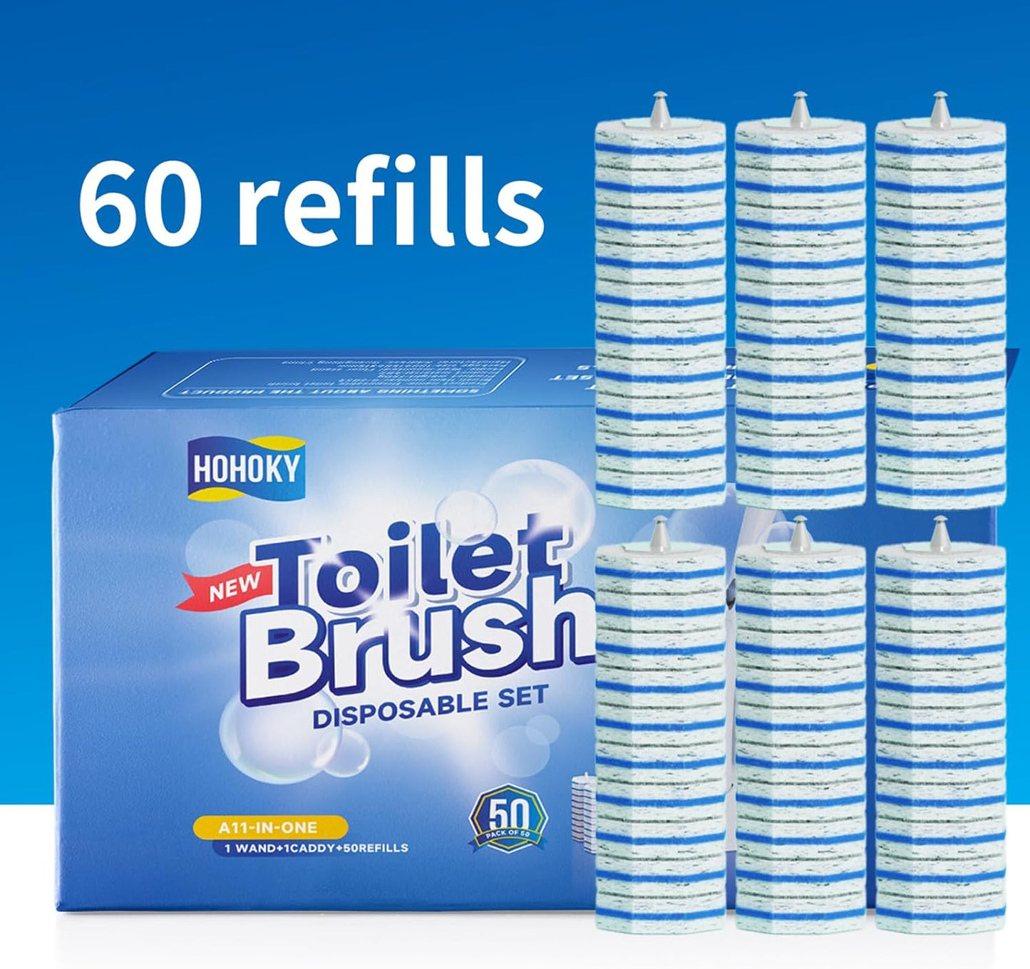 Disposable Toilet Brush Cleaning System with 50pcs Refills Pads Replacement Heads, Toilet Cleaning Stick, Wall Mounted Toliet Wand Kit Bathroom Maintenance, Toilet Bowl Cleaner Wands Holder and Set