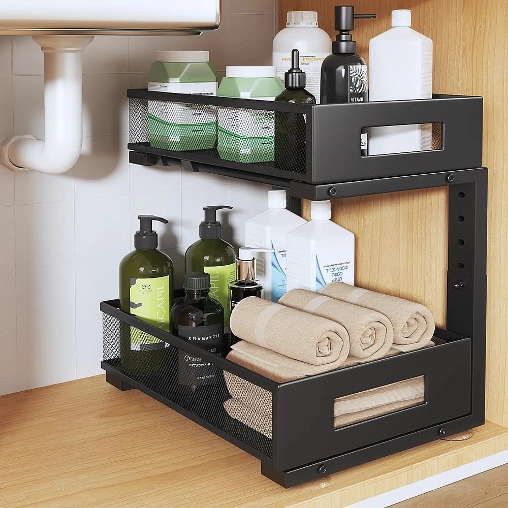Under Sink Organizer, 2-Tier Dual Pull Out Cabinet Organizer Drawers With Smooth Circular Rail, Large Capacity Metal Mesh Sliding Shelves For Bathroom& Kitchen Storage,Height Adjustable–White,2 Packs