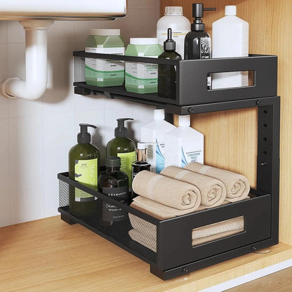 Under Sink Organizer, 2-Tier Dual Pull Out Cabinet Organizer Drawers With Smooth Circular Rail, Large Capacity Metal Mesh Sliding Shelves For Bathroom& Kitchen Storage,Height Adjustable–White,2 Packs