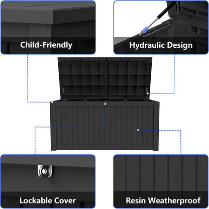 320 Gallon Outdoor Storage Box Resin Deck Box All Weather Waterproof Large Lockable Storage Container Deck Box for Patio Furniture, Garden Tools, Lockable, Black