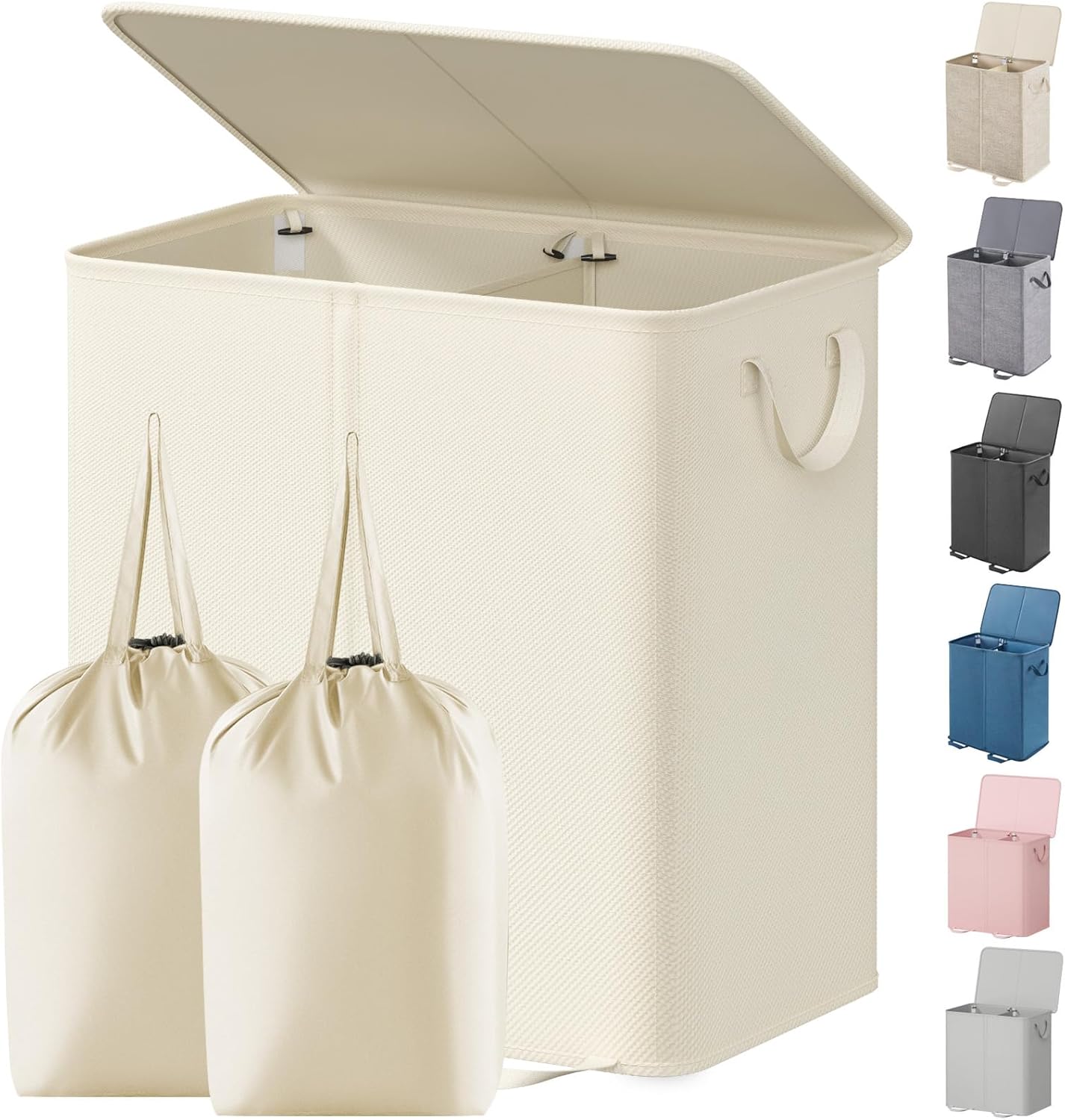 Lifewit Double Laundry Hamper with Lid and Removable Laundry Bags, Large Collapsible 2 Dividers Dirty Clothes Basket with Handles for Bedroom Laundry Room Closet Bathroom College, 136L Beige