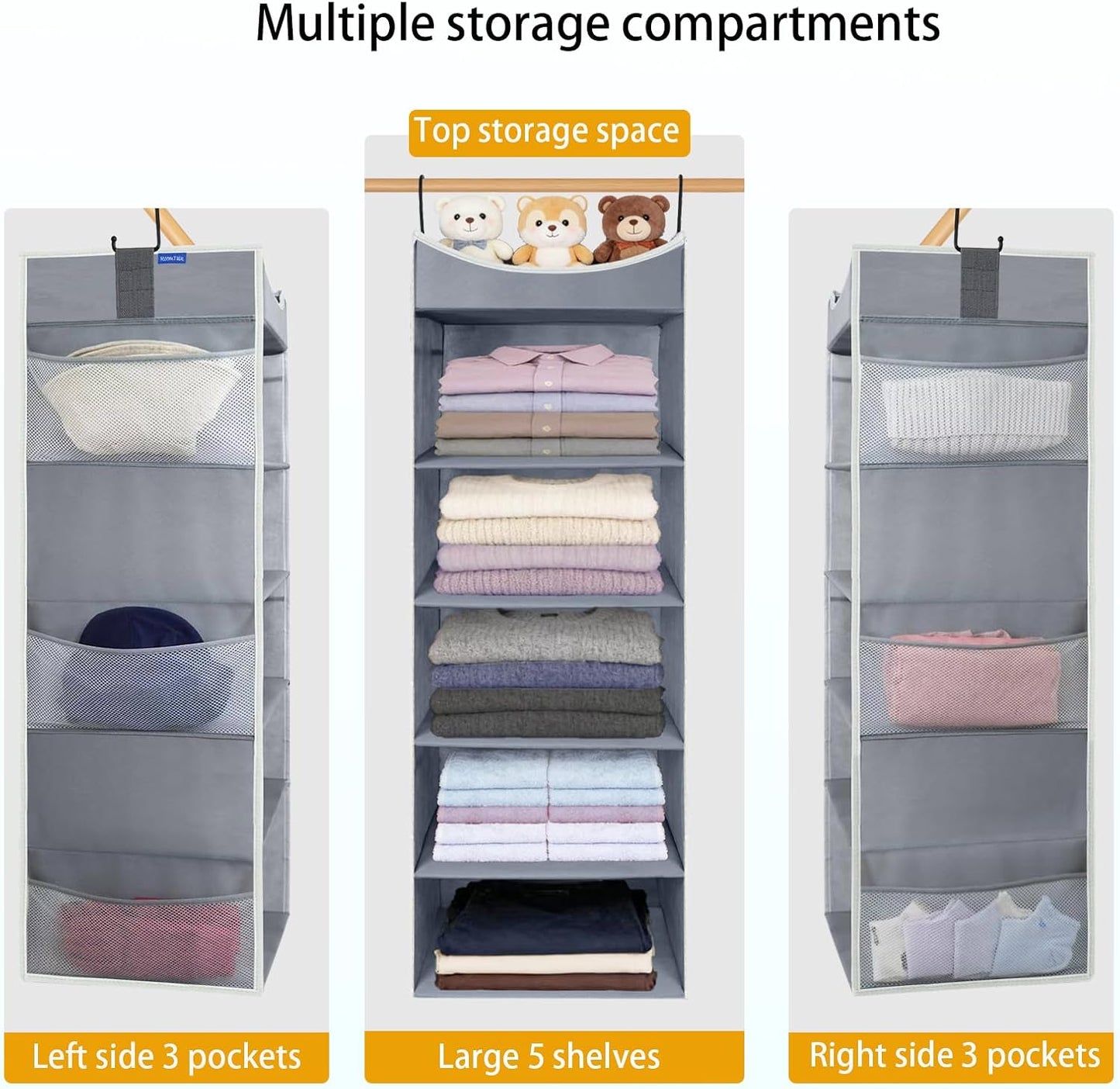 4-Shelf Hanging Closet Organizer and Storage with 4 Side Pockets, Collapsible Closet Hanging Shelves for Storage, Grey