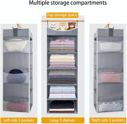 4-Shelf Hanging Closet Organizer and Storage with 4 Side Pockets, Collapsible Closet Hanging Shelves for Storage, Grey