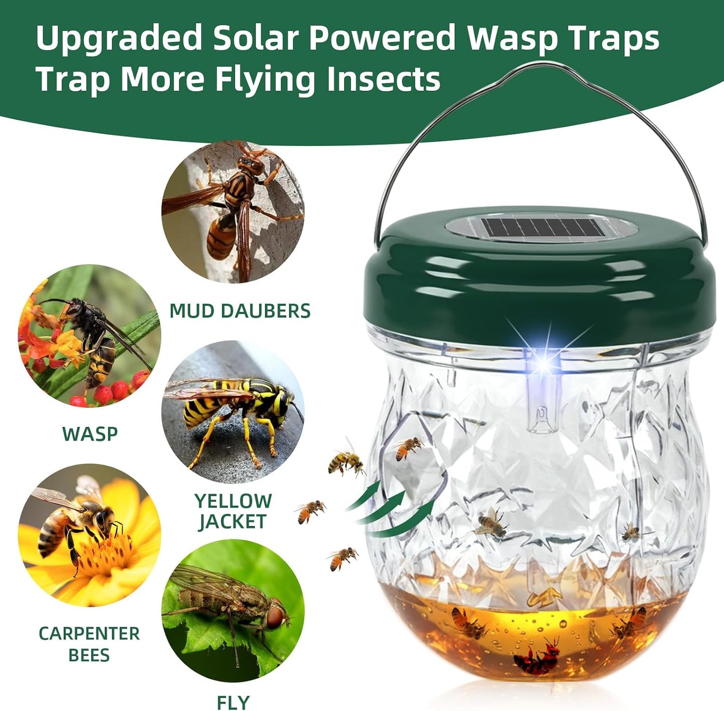 2026 Upgraded Solar Wasp Trap, 4 Pack Hanging Hornet & Bee Catcher with LED Light, Reusable Yellow Jacket Trap for Outdoors, Carpenter Bee Protection for Patio, Backyard, Garden