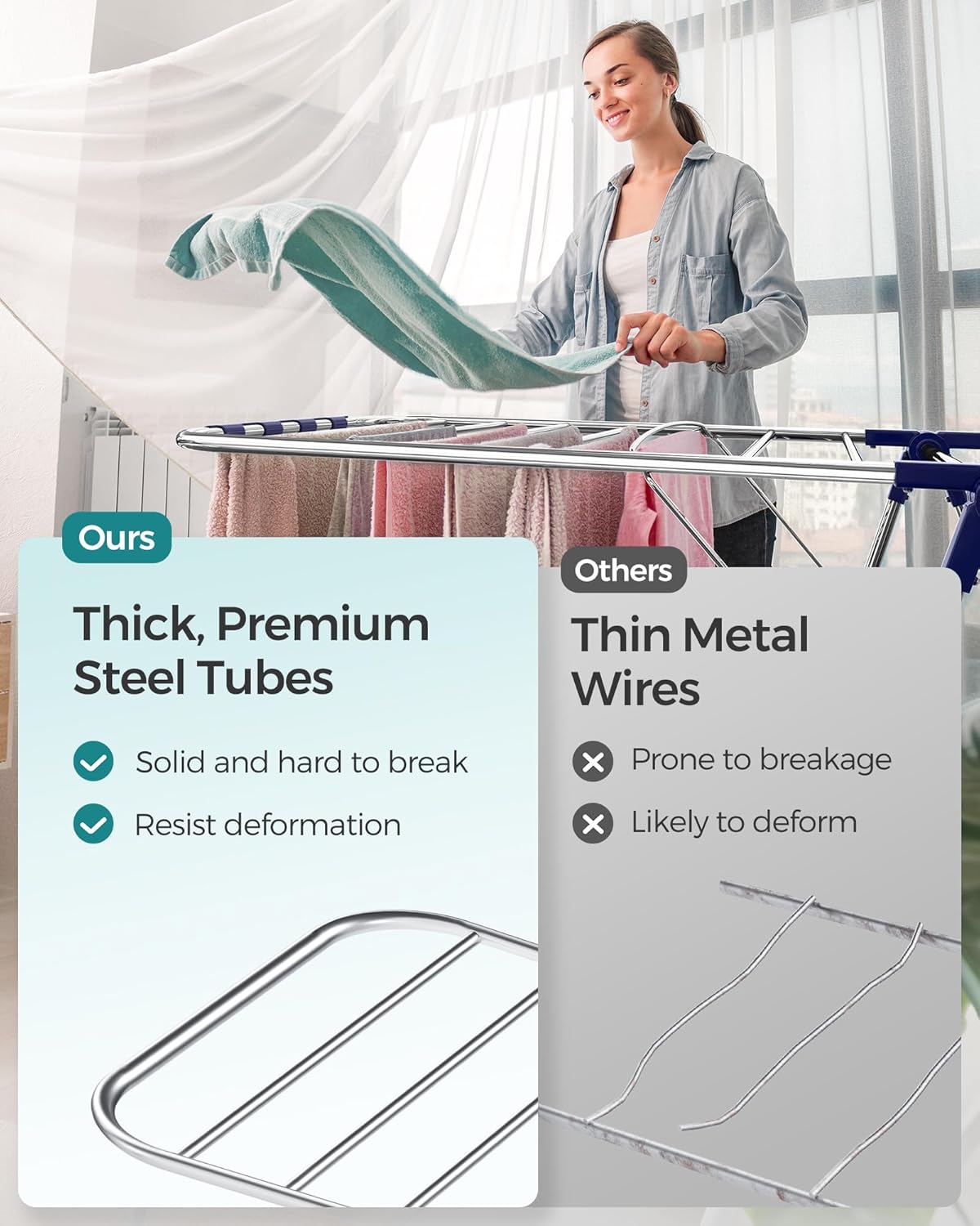 SONGMICS Clothes Drying Rack, with Sock Clips, Metal Laundry Rack, Foldable, Space-Saving, Free-Standing Airer, with 2 Height-Adjustable Gullwings, Indoor Outdoor Use, Gray ULLR052G01