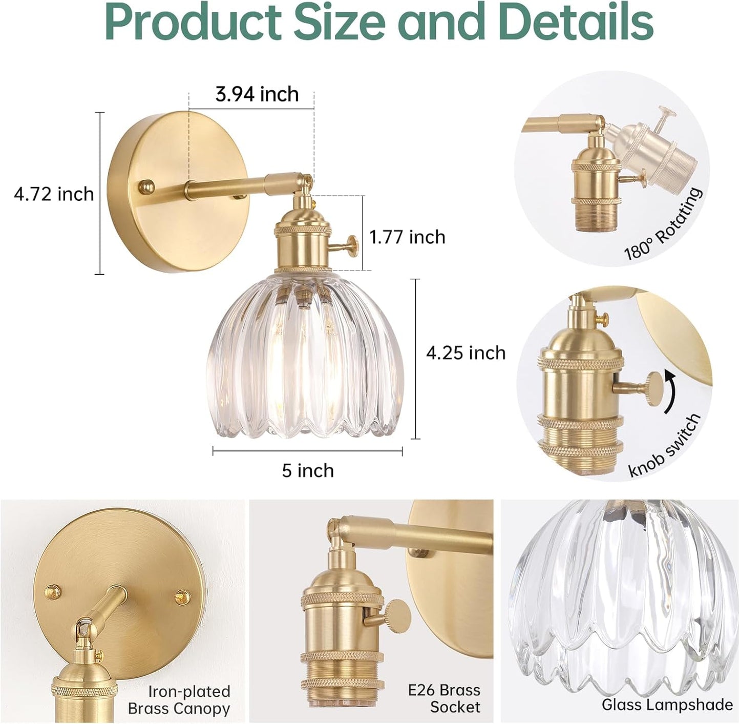 Shenmoyl Vintage Battery Operated Wall Sconce with Transparent Tulip Glass Lampshade Rechargeable Battery Powered Wall Light with Remote Control for Bedside Bedroom Doorway, Set of 2