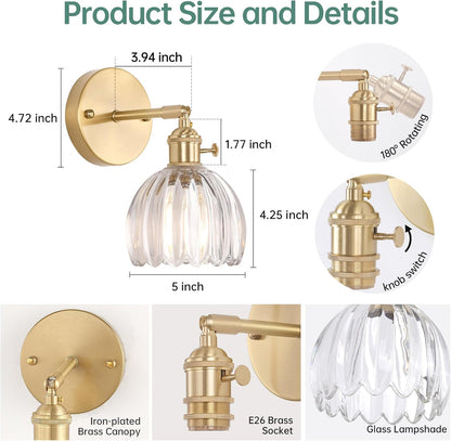 Shenmoyl Vintage Battery Operated Wall Sconce with Transparent Tulip Glass Lampshade Rechargeable Battery Powered Wall Light with Remote Control for Bedside Bedroom Doorway, Set of 2
