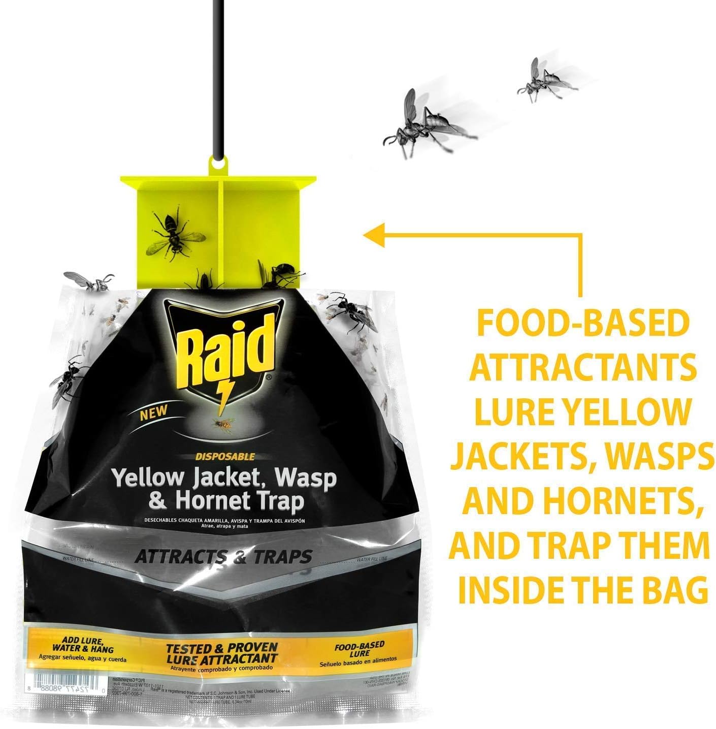 Raid Yellow Jacket, Wasp & Hornet Trap, 6 Pack, Disposable, Convenient, Hanging Fly Trap Bags with Food-Based Lure, No-Spray Outdoor Fly Traps Suitable Defense for Yards, Patios & Campsites