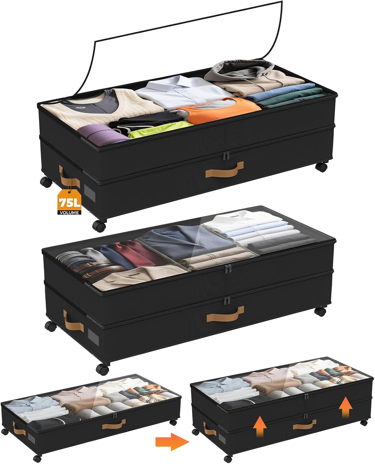 Under Bed Storage with Wheels 2-Pack, 75L XXL Under the Bed Storage Containers Large, 12" Tall Adjustable Storage for Underbed with Lids, Rolling for Shoes, Clothes, Blankets (Grey)