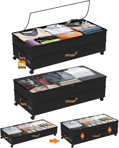 Under Bed Storage with Wheels 2-Pack, 75L XXL Under the Bed Storage Containers Large, 12" Tall Adjustable Storage for Underbed with Lids, Rolling for Shoes, Clothes, Blankets (Grey)