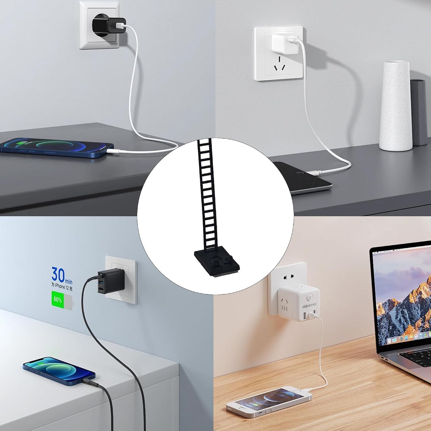 30PCS Self-Adhesive Cable Management Clips, Desk Wire Organizer Zip Ties, Heavy Duty Nylon Cord Holders for TV, PC, and Home Office Use