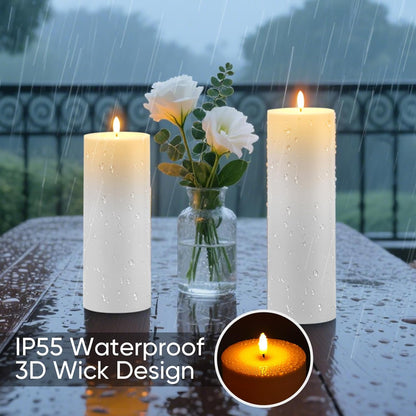 Raycare 3"x2.5" White Outdoor Waterproof Flameless Candles with Remote and Timer, Realistic LED Candles, Battery Operated Electric Fake Pillar Candles for Porch, Patio, Garden, Set of 2