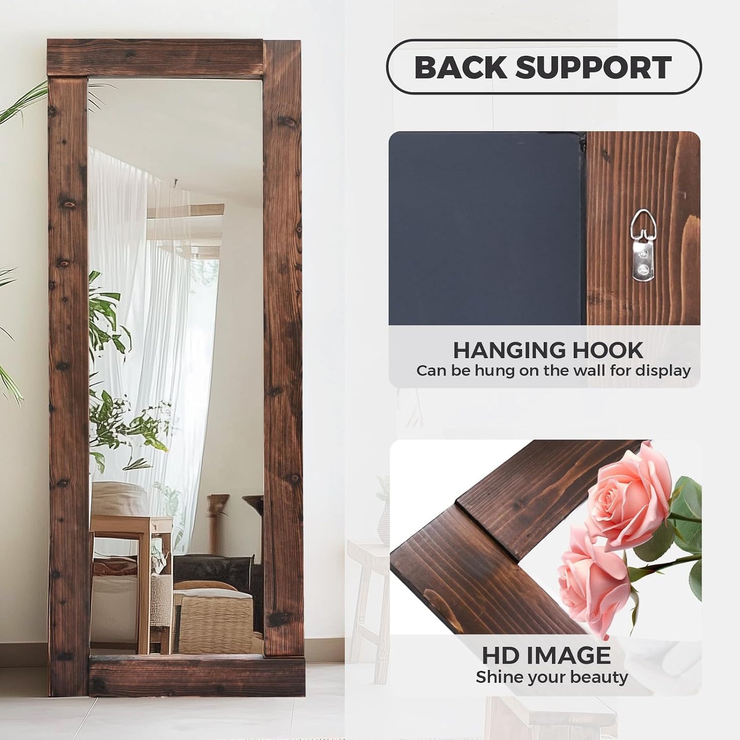 Solid Wood Full Length Mirror - 65"x22" Arched Floor Mirror, Free Standing & Wall Mounted - Elegant Design for Bedroom, Dressing Room, Hallway, Brown