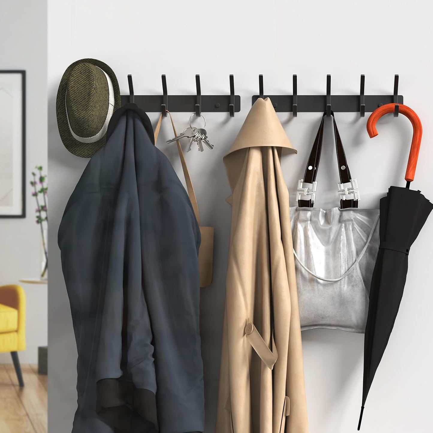 VAEHOLD Black Hat and Coat Wall Mount Rack - 3 Hooks for Robes, Bags, Keys, and Towels - Bathroom Towel Hanger Organizer (1 Pack)