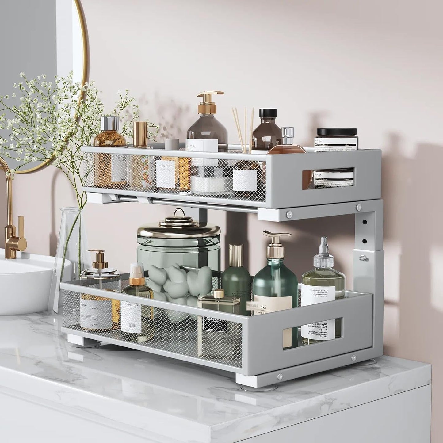 Under Sink Organizer, 2-Tier Dual Pull Out Cabinet Organizer Drawers With Smooth Circular Rail, Large Capacity Metal Mesh Sliding Shelves For Bathroom& Kitchen Storage,Height Adjustable–White,2 Packs