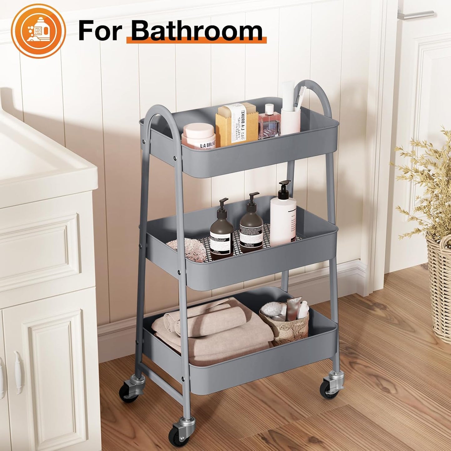 NEWBULIG 3-Tier Rolling Storage Cart, Metal Mobile Utility Organizer Shelf with Lockable Wheels, Space-Saving Freestanding Storage for Bathroom Living Room and Narrow Corner Spaces, Green