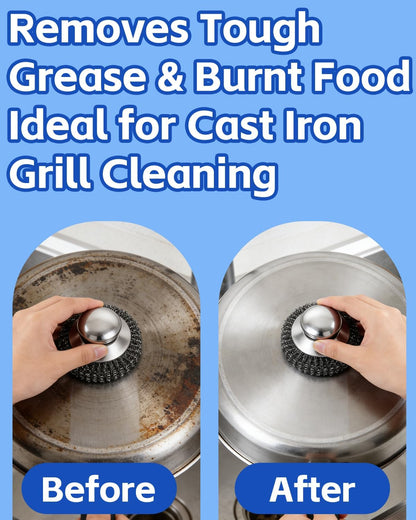 2 Pack Stainless Steel Scrubber with Handle, Includes 2 Replacement Steel Wool Pads, Heavy-Duty Scouring Brush for Pots, Pans, Stovetops and Kitchen Cleaning