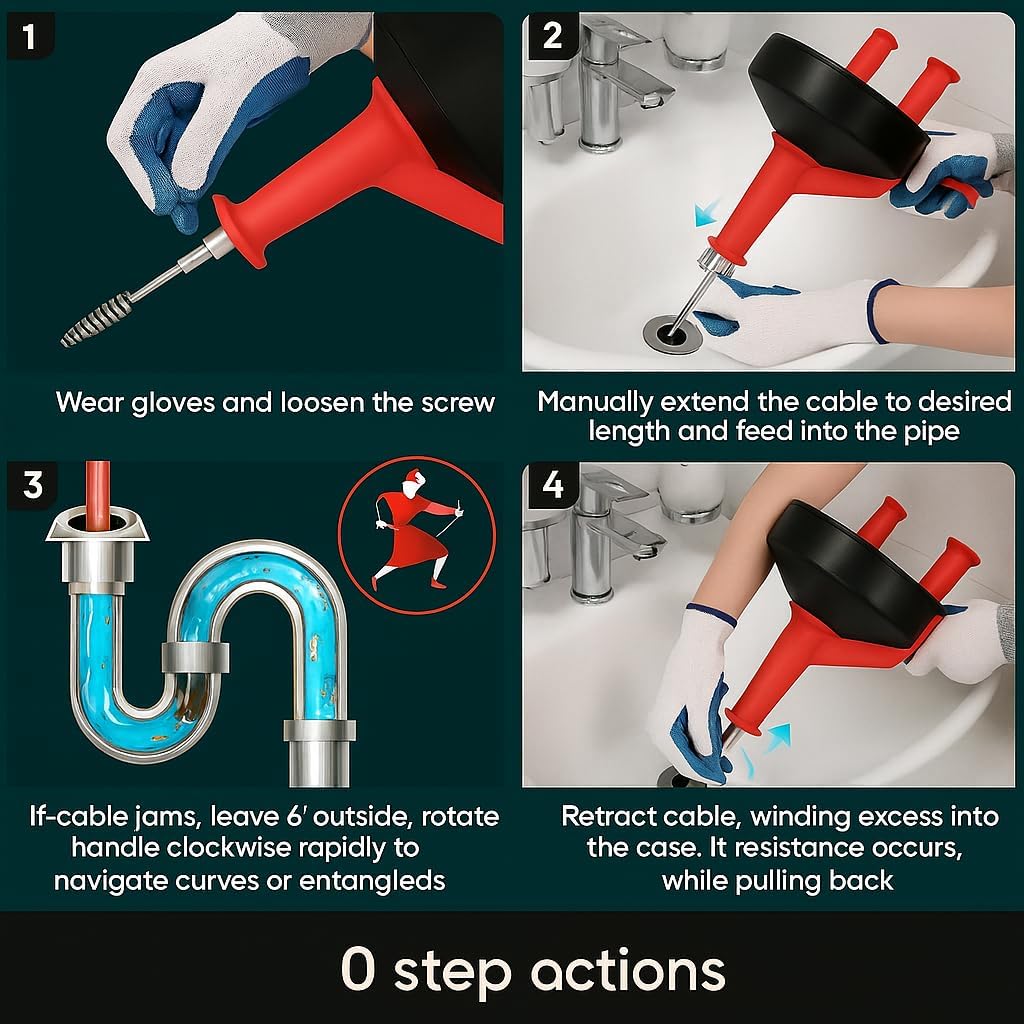 42 FT Drain Snake Hair Drain Clog Remover, Manual Or Powered, Plumbing Snake With Drill Adapte,Unclog Sink Drain Tool, Drain Auger for Toilet、Shower、Kitchen、Sink, No Auto Retract Or Feed, Red