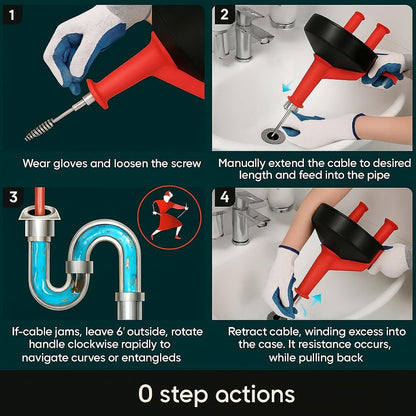 42 FT Drain Snake Hair Drain Clog Remover, Manual Or Powered, Plumbing Snake With Drill Adapte,Unclog Sink Drain Tool, Drain Auger for Toilet、Shower、Kitchen、Sink, No Auto Retract Or Feed, Red