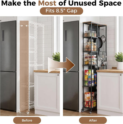 Slim Rolling Storage Cart, 8.3 Inch Narrow Storage Cart with Wheels, Pegboard & 5 Tier Shelves, Mobile Slim Storage Rack Next to Fridge for Kitchen, Laundry, White