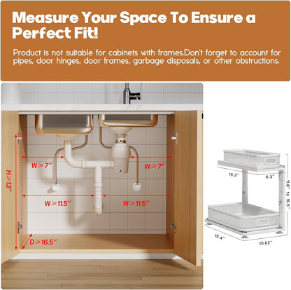 2-Pack Under Sink Storage Organizer with 2-Tier Slide Out Drawer, Sophisticated Mesh Pull Out Shelf for Kitchen & Bathroom, Fits Small Items, Upgraded Arched Track for Smooth Gliding(Patented)
