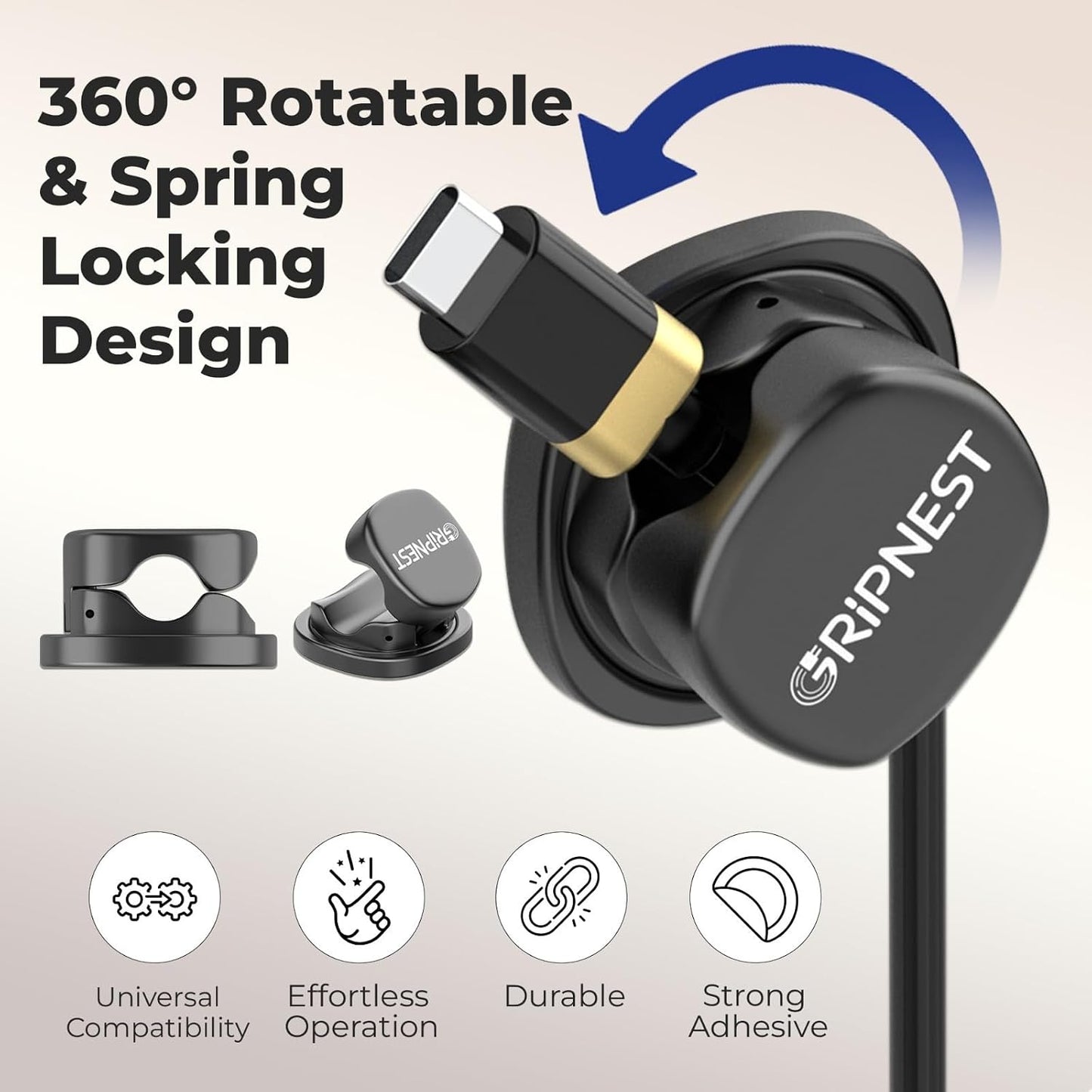 Never-Lose 1s Lock Spring Cable Solution – Rotatable Cable Clips, Strong Adhesive Cord Organizer & Wire Holder for Desk, Car & Nightstand, Secure Cable Management, 8 Pack (Black)