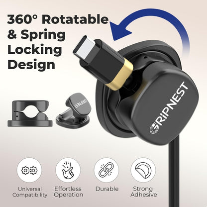 Never-Lose 1s Lock Spring Cable Solution – Rotatable Cable Clips, Strong Adhesive Cord Organizer & Wire Holder for Desk, Car & Nightstand, Secure Cable Management, 8 Pack (Black)