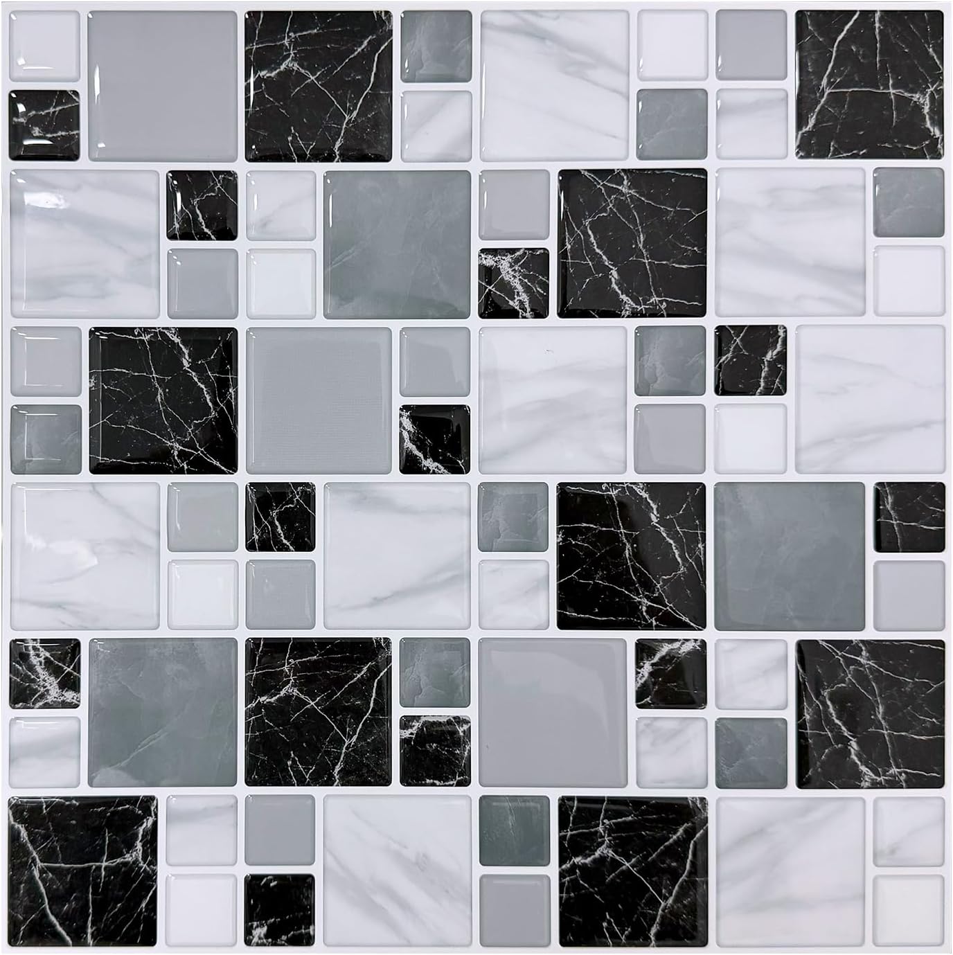 10 Sheet Peel and Stick Backsplash Tile for Kitchen, 12” x 12” Self Adhesive Glossy Vinyl Wall Subway Tiles Waterproof No Residual for Bathroom Fireplace, White with Gray Grout