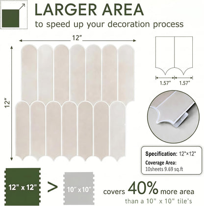 Peel and Stick Backsplash Tile, 10 Sheets 12''x12'' Kitchen Tiles | Beige White Self Adhesive 3D Wall Tiles Back Splash for Kitchen, Bathroom, Laundry Room