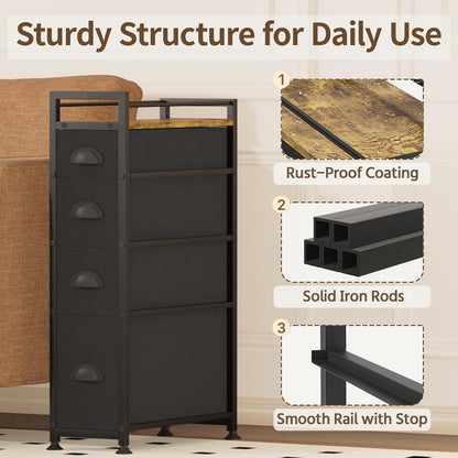 LASZOLA 5 Drawer Narrow Dresser Slim Cabinet Skinny Storage Tower Chest, Ideal for Small Spaces Bathroom, Between Washer and Dryer, Lightweight Mobile on Wheels, Sturdy Fabric Drawers, Black