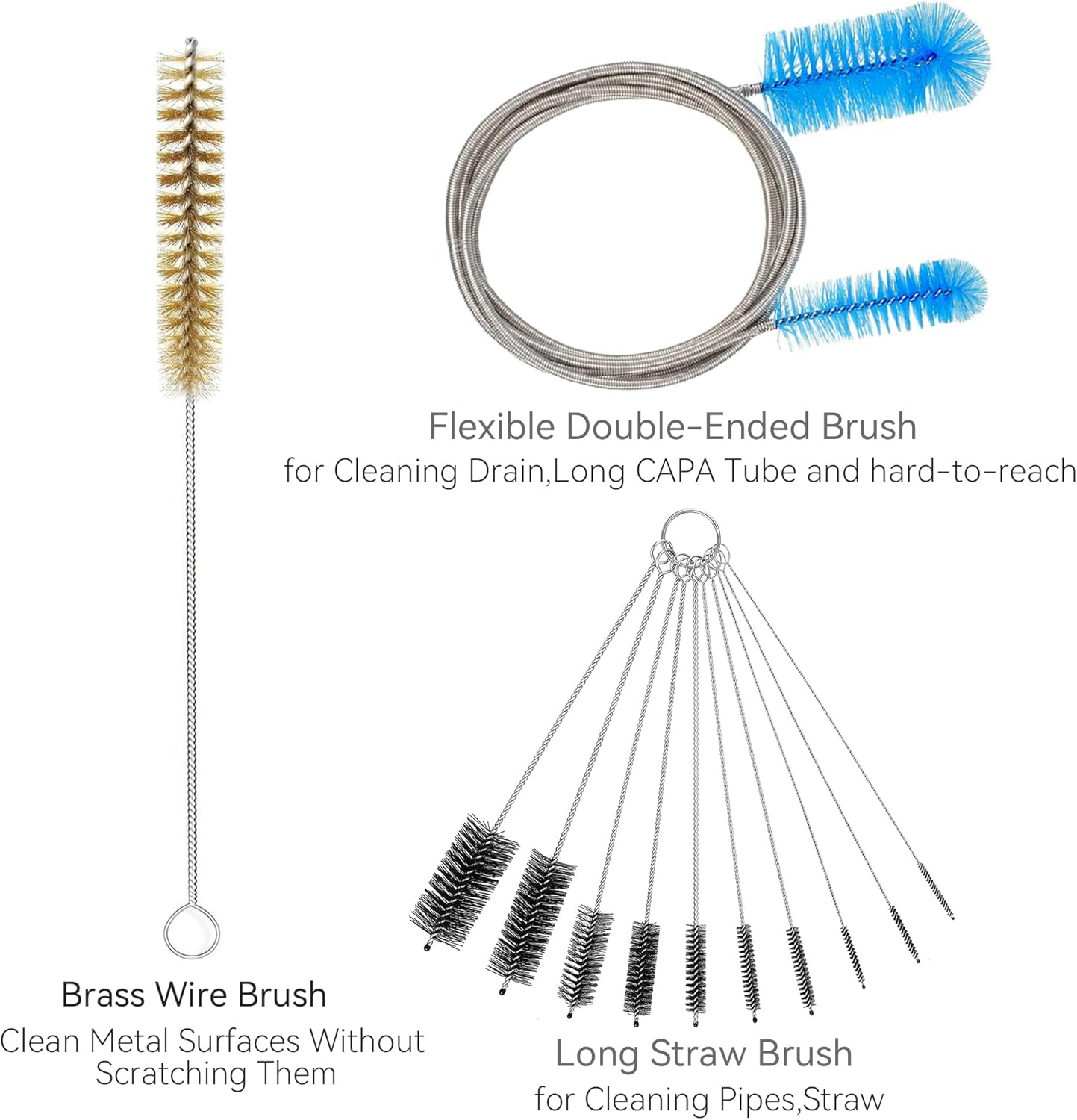 12 Pcs Tube Pipe Cleaners Brush Set,Flexible Drain Brush,Long Straw Brush,61-inch Flexible Double-Ended Hose Brush,8.2-inch Different Diameters Brush,12-inch Brass Wire Brush,for Kitchen Sink Plumbing