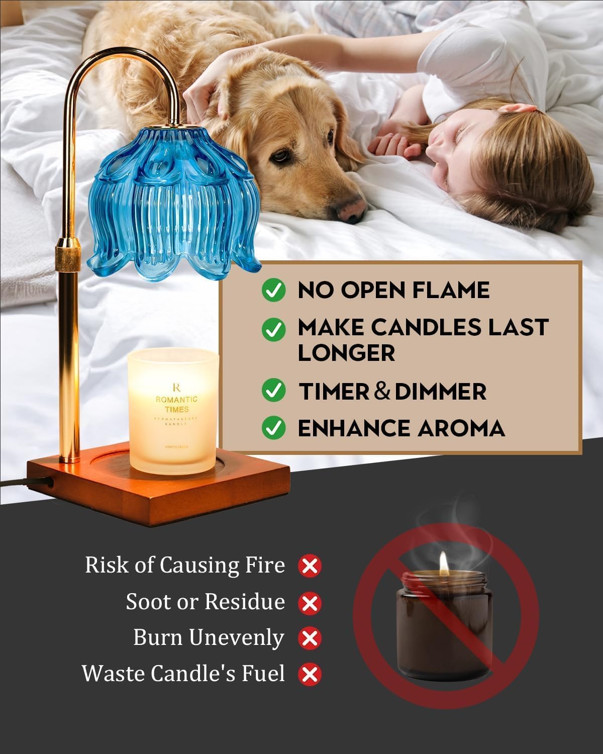 Funistree Flower Candle Warmer Lamp with Timer & Dimmer, Adjustable Height Candle Warmer, Christmas Birthday Gifts for Women Mom, House Warming New Home Decor, Wax Warmer with 2 Bulbs for Jar Candles