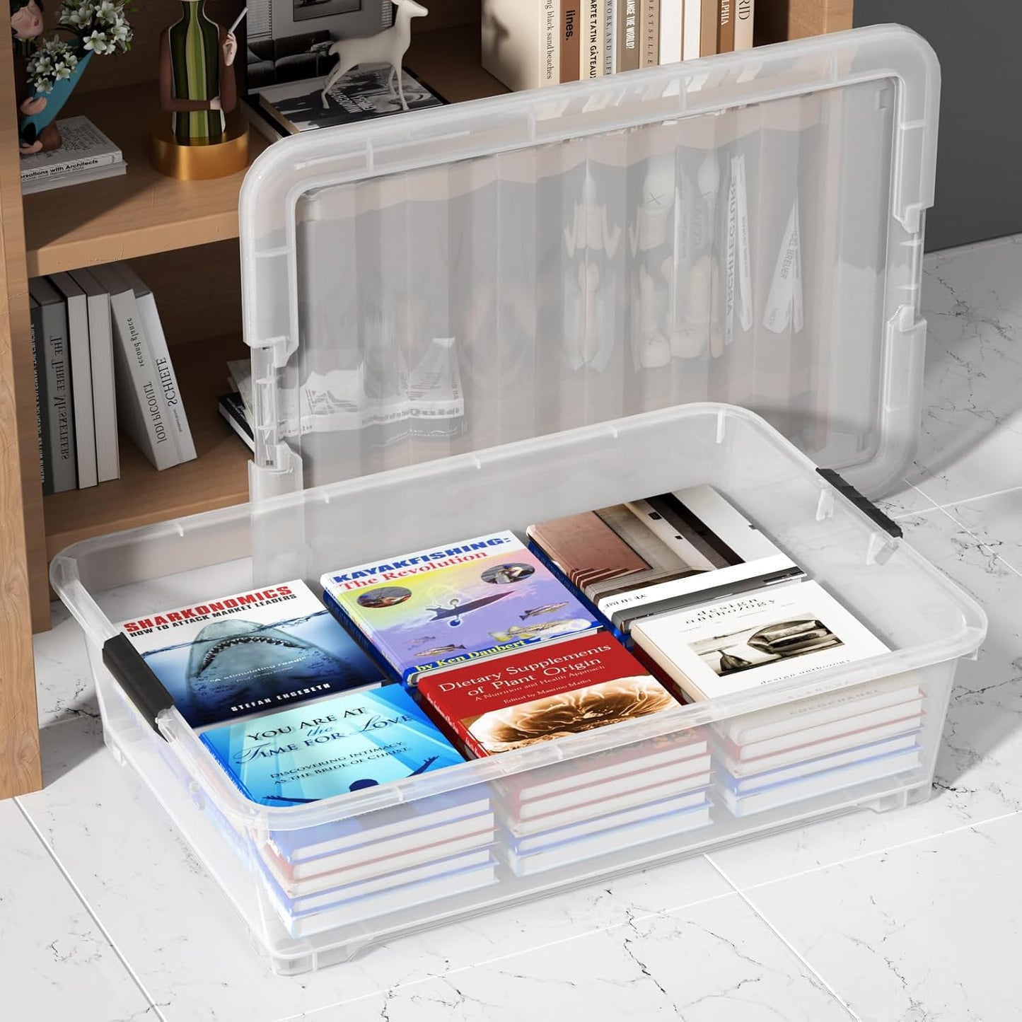 40 Quart Plastic Clear Underbed Storage Bin with Wheels, 3 Packs | Stackable Large Flat Under Bed Organization Boxes with Lids
