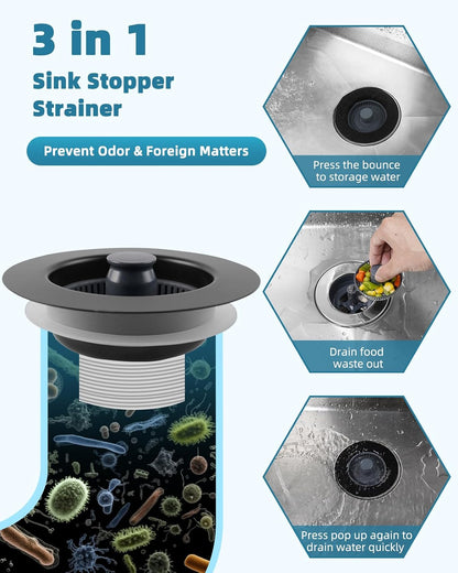 All Metal Sink Drain Strainer for Kitchen Sink, Universal Fit | Pop Up 3-in-1 Sink Stopper Drainer, 304 Stainless Steel Basket for US Standard 3-1/2 inch Drain Filter, Anti-clog