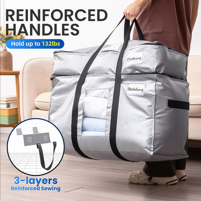 TAILI Extra Large Moving Bags, 4 Pack Blue Heavy Duty Totes For Storage with Visible Window, Wrap Around Handles, Storage Bags for Space Saving, Alternative to Moving Boxes