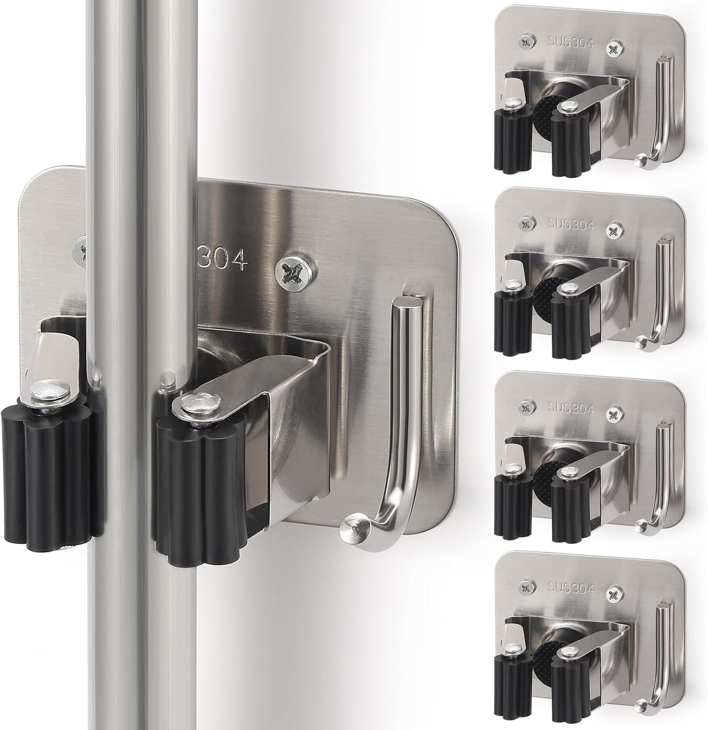 Stainless Steel Broom Holder, Heavy Duty, Rust Resistant, 4 Gripper Positions with 4 Hooks, Black