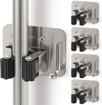 Stainless Steel Broom Holder, Heavy Duty, Rust Resistant, 4 Gripper Positions with 4 Hooks, Black
