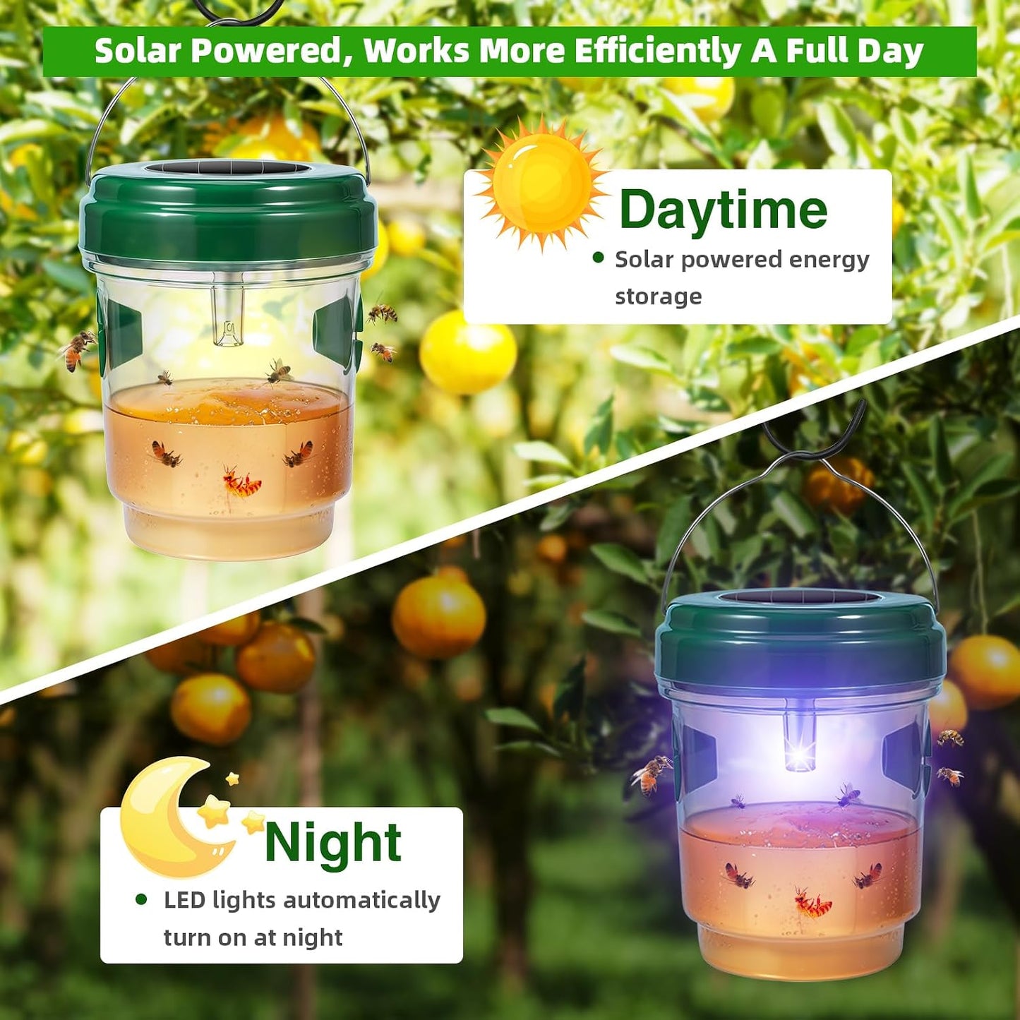 Upgraded Solar Wasp Traps Outdoor Hanging Yellowjacket Trap Hornet Wasp Catcher with UV LED Light Reusable Bee Traps for Outside, Garden, Backyard, and Orchard,4 Pack