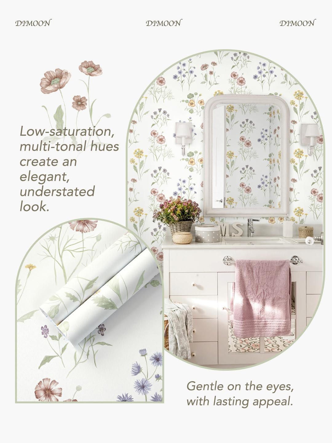 Dimoon 17.3''x78.7'' Vintage Peel and Stick Wallpaper Boho Beige Neutral Contact Paper White Floral Bird Wallpaper Removable Botanical Renter Friendly Modern Wall Paper Bedroom Bathroom Vinyl Roll