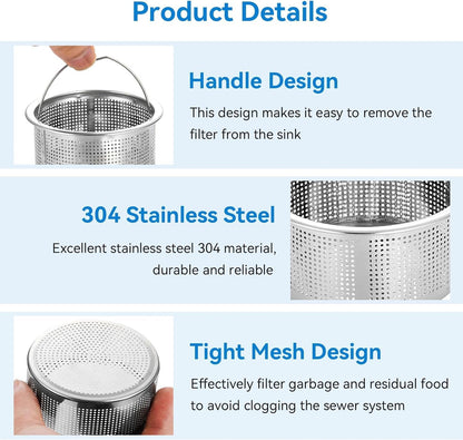 Kitchen Sink Drain Basket, 3-inch Basket for Kitchen Sink Strainer Replacement, Deep Cup with Handle, SUS 304 Stainless Steel