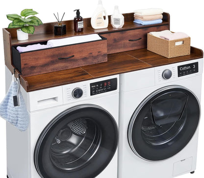 VEVOR Washer Dryer Countertop with 2-Tier Shelf, 54" x 27" Wooden Washer and Dryer Countertop with Anti-Slip Pads, Water-Resistant Laundry Topper Cover for Laundry Room Organization and Storage, Black